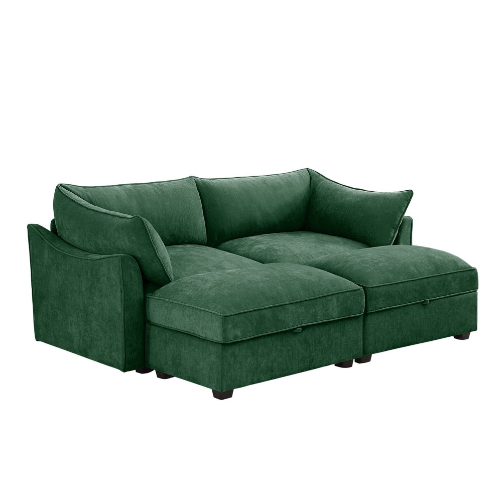 English Elm 2 Seater Sofa With Movable Ottomans & Hidden Storage Drawers, Elegant Chenille Green Design W3041S00184