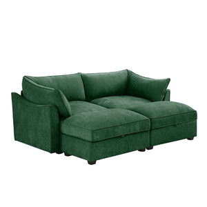 English Elm 2 Seater Sofa With Movable Ottomans & Hidden Storage Drawers, Elegant Chenille Green Design W3041S00184