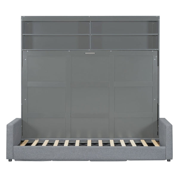 English Elm Queen Murphy Wall Bed with Linen Sofa for Studio and Small Space Living Gray LP000892AAE