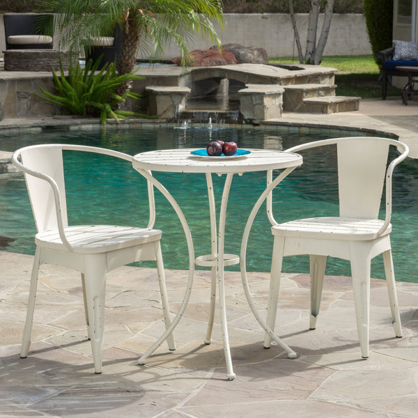 English Elm Christopher Knight Home® - COLMAR 3-Piece Metal Bistro Set for Patio — Weather-Resistant Iron Table & Stackable Armchairs, Slatted Design White 56558.00WHI