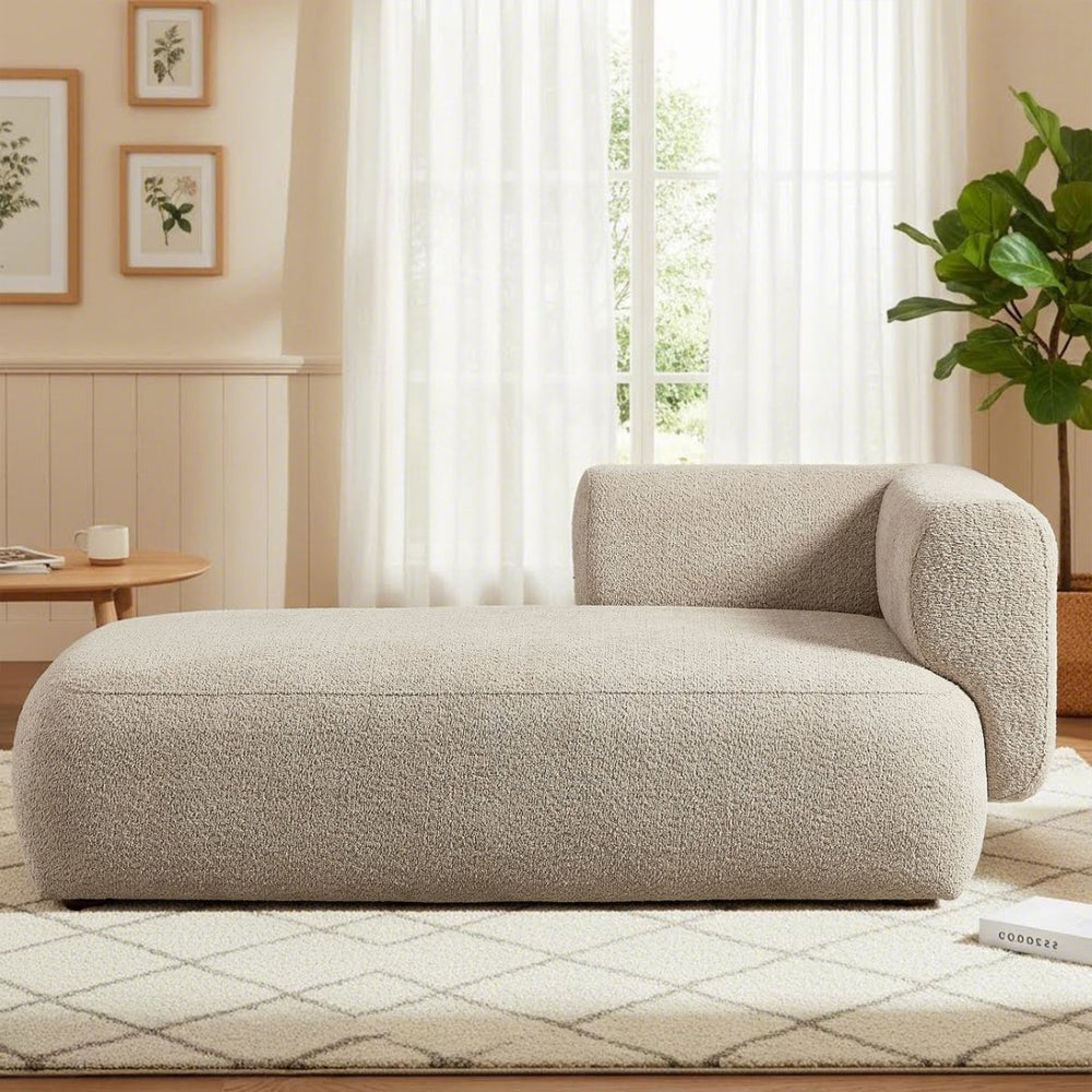 English Elm Upholstered Boucle Chaise Lounge with Wooden Legs for Bedroom or Living Room W5515P437368