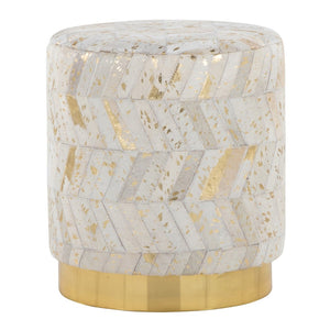 English Elm Leather Round Ottoman with Gold Splatter Faux Upholstery and Glam Metal Base B202P471512