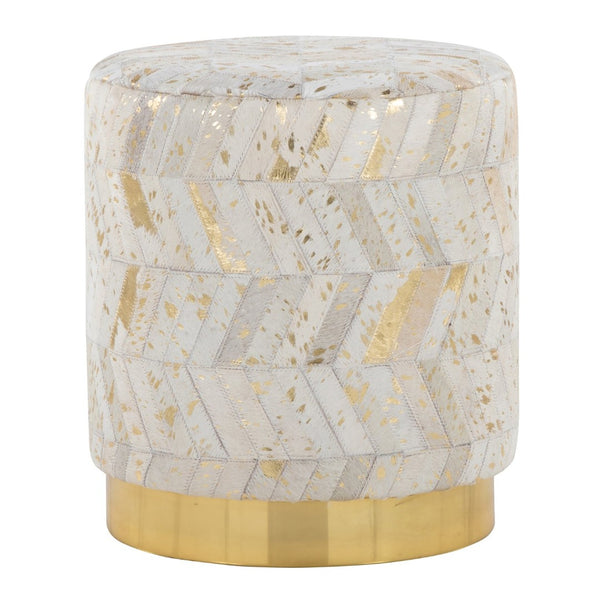 English Elm Leather Round Ottoman with Gold Splatter Faux Upholstery and Glam Metal Base B202P471512
