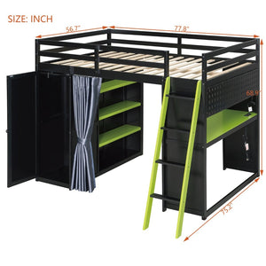 English Elm Full Size Wood Loft Bed with Wardrobe Desk Shelves Rgb Lighting and Blackout Curtains Black+Green LT000269AAF-1