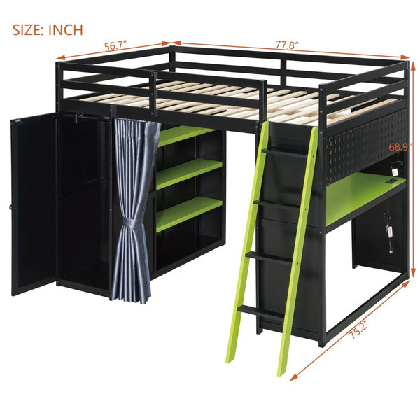 English Elm Full Size Wood Loft Bed with Wardrobe Desk Shelves Rgb Lighting and Blackout Curtains Black+Green LT000269AAF-1