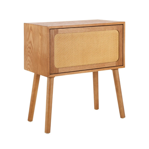 English Elm Rotating Rattan Nightstand Push Open Hidden Storage Mid Century Wood Leg Bedside Natural N761P288451M