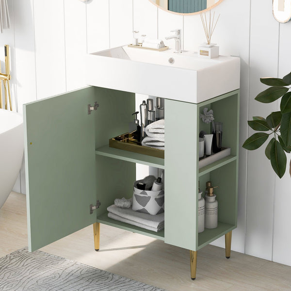 English Elm 21.6" Green Bathroom Vanity with Ceramic Sink, Right Side Storage, Gold Legs, Soft-Close Hinges, Modern Design SV000006AAF