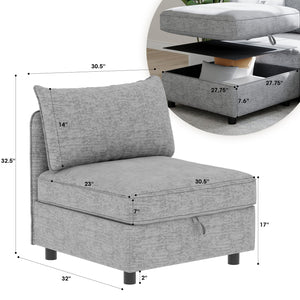 English Elm Armless Modular Sofa Seat with Hidden Storage and Pocket Springs, Flexible Chenille Sectional Solution Grey W680P195854
