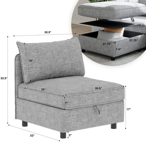 English Elm Armless Modular Sofa Seat with Hidden Storage and Pocket Springs, Flexible Chenille Sectional Solution Grey W680P195854