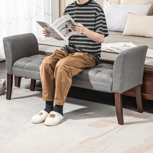 English Elm HOMCOM Tufted Upholstery Bench with Arms — Plush Linen-Feel Seat, Solid Wood Legs, Versatile Entryway seating solution Dark Gray W2225P217026