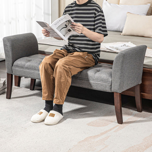 English Elm HOMCOM Tufted Upholstery Bench with Arms — Plush Linen-Feel Seat, Solid Wood Legs, Versatile Entryway seating solution Dark Gray W2225P217026