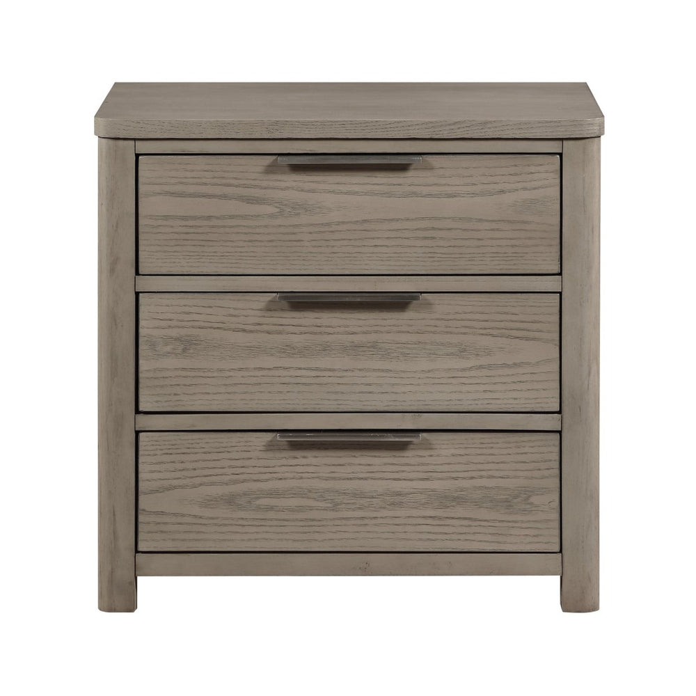 English Elm Contemporary Light Gray Oak Veneer Nightstand with Three Dovetail Drawers Chrome Pulls B011P434113