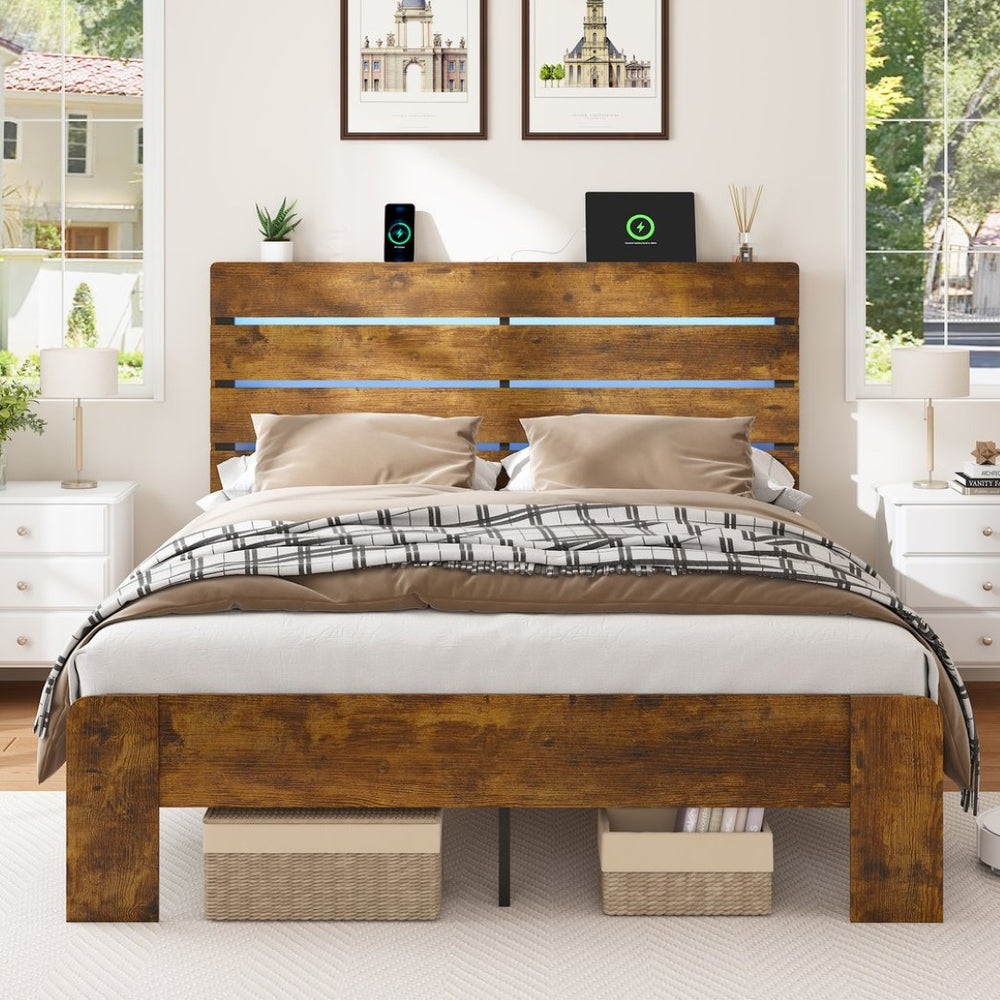 English Elm King Platform Bed with Led Headboard Charging Station and Under Storage Rustic Brown W1550P366934