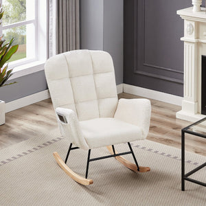 English Elm Cream Plush Teddy Fabric Rocking Armchair with High Back Support for Nursery Cream White W3985P404154