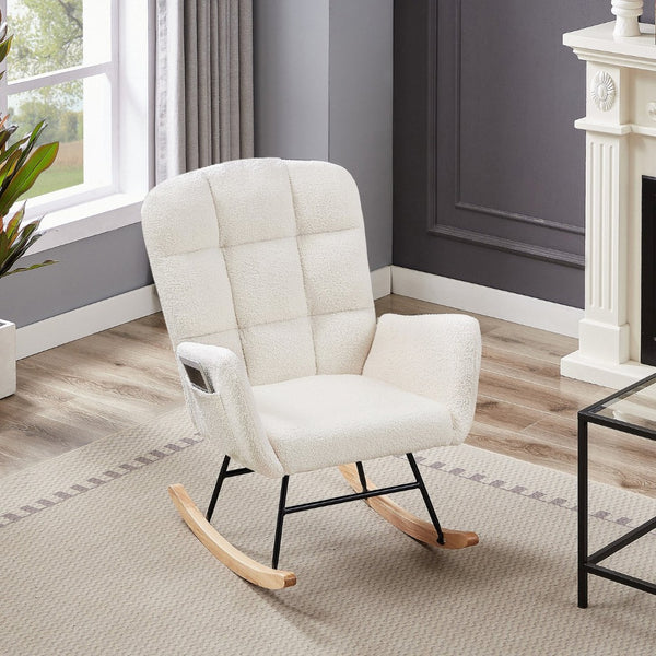 English Elm Cream Plush Teddy Fabric Rocking Armchair with High Back Support for Nursery Cream White W3985P404154