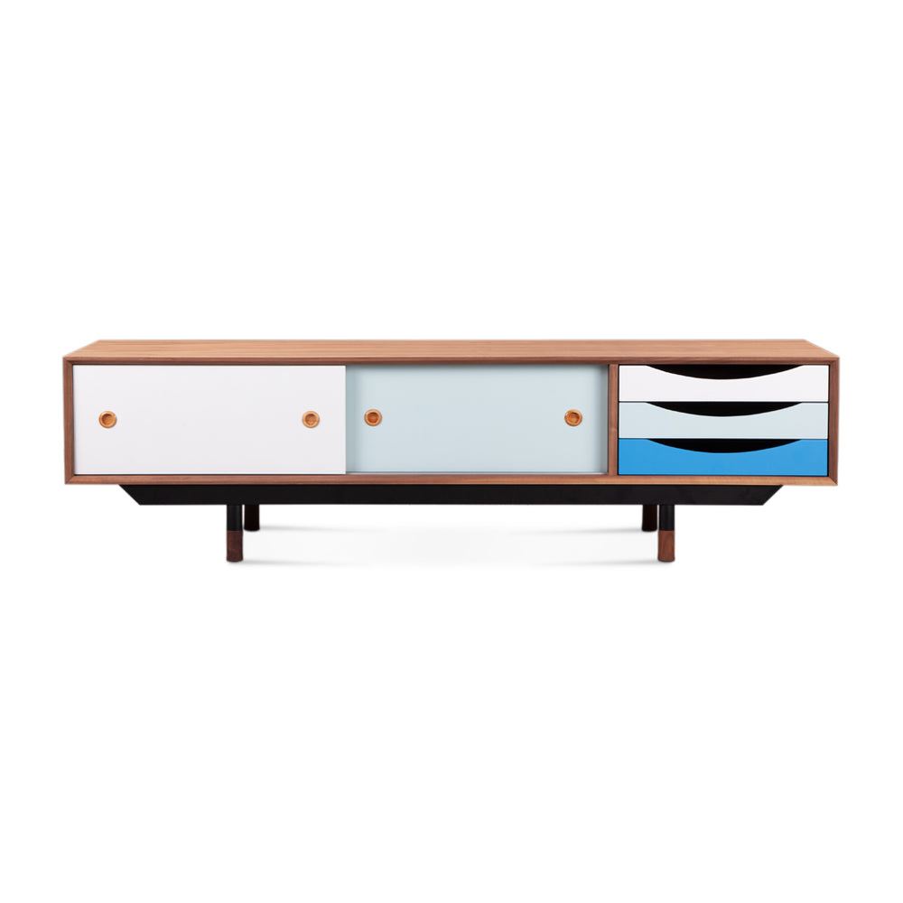 English Elm Finn Finn Juhl 1955 TV Cabinet Blue Walnut – Solid Wood MDF, Black Stainless Legs, Lacquered Drawers, 63” L x 20” W x 9” H B353S00002