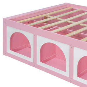 English Elm Full Size Kids Platform Bed with Led Lighting Bookshelf Display Cabinet and Storage Drawer Pink+White N820S00077H