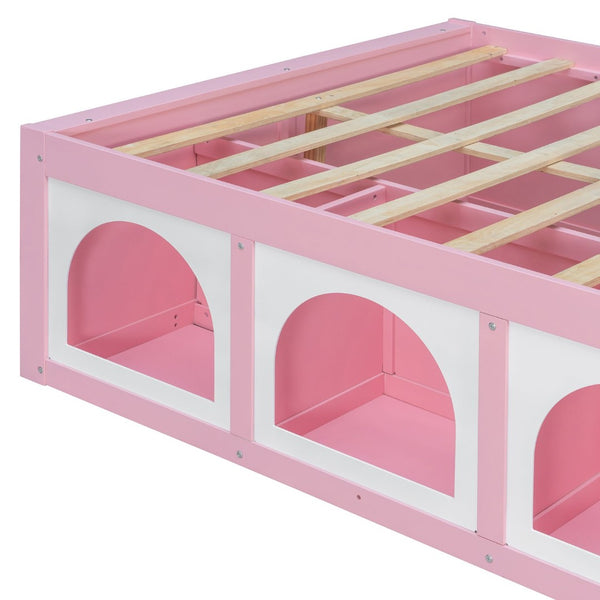 English Elm Full Size Kids Platform Bed with Led Lighting Bookshelf Display Cabinet and Storage Drawer Pink+White N820S00077H