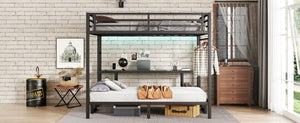 English Elm Queen Metal Bunk Bed With Desk & Usb, Versatile Loft Design Folds To Sofa, Led Lighting, Black W1580S00086-GIGA