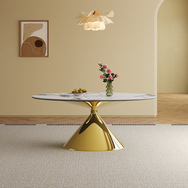 English Elm 71" Modern Luxury Sintered Stone Dining Table with 24K Gold Stainless Base, 71-inch Sleek Oval Design for 4-6 Guests W2700S00045