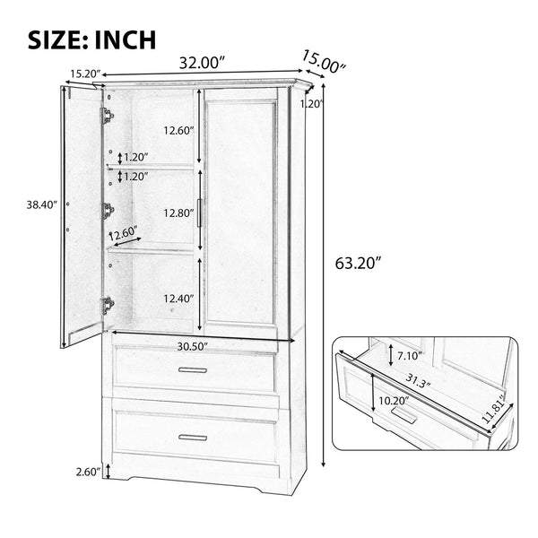 English Elm Tall Bathroom Storage Cabinet – Slim Black MDF Organizer with 2 Doors, 2 Drawers, Adjustable Shelves, Anti-Tip Device N725P172882B