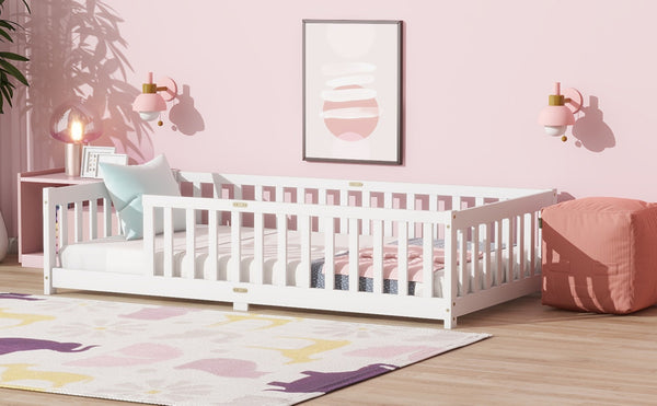 English Elm Twin Size Floor Bed With Safety Guardrails - Durable Rubberwood, Minimalist White Design For Kids W504P286396-GIGA