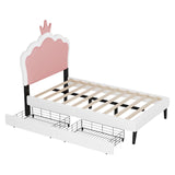 English Elm Twin Size Upholstered Princess Bed With Crown Headboard and 2 Drawers,Twin Size Platform Bed With Headboard and Footboard, Pink+White