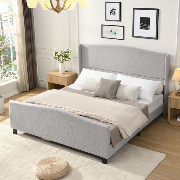 English Elm King Platform Bed Tall Upholstered Teddy Velvet Headboard Boutique Hotel Bedroom Style W1716P419749