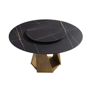 English Elm 59.05" Round Marble Dining Table With Bronze Iron Base & 31.5" Turntable For 6-8 People, Black Elegance W1535S00414