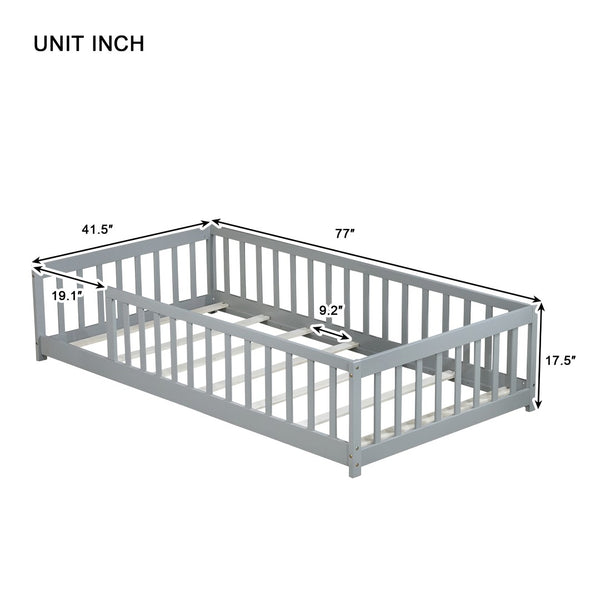 English Elm Twin Solid Rubberwood Floor Bed with Full Perimeter Safety Rails for Toddler Rooms Grey W504P296793