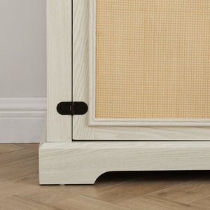 English Elm Natural Rattan TV Stand Console with Fireplace Insert, 65" Wide Entertainment Center, Adjustable Shelves, Cable Management, Boho Midcentury Blend White W1758S00021