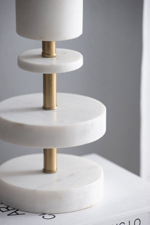 English Elm D13x32.8" White Marble Table Lamp with Brass Base & Fabric Drum Shade — Vintage Modern Accent Light W2078P399244