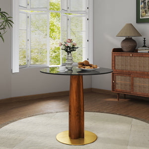 English Elm Modern Round Dining Table - 33.5" Tempered Glass Top With Elegant Wooden Legs & Gold Base, 2-Person W1535S00604