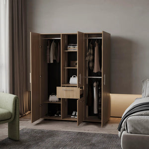 English Elm Natural Oak Armoire with 4 Doors, Spacious Drawer & Shelves, Modern Wood Finish, Elegant Metal Accents B062S00622