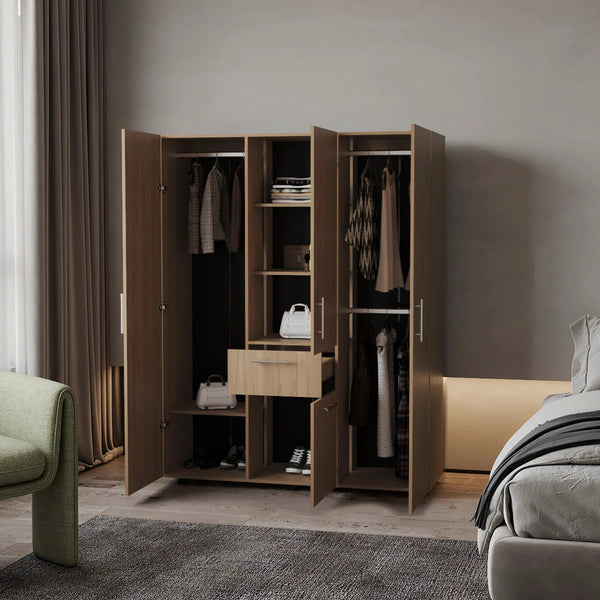English Elm Natural Oak Armoire with 4 Doors, Spacious Drawer & Shelves, Modern Wood Finish, Elegant Metal Accents B062S00622