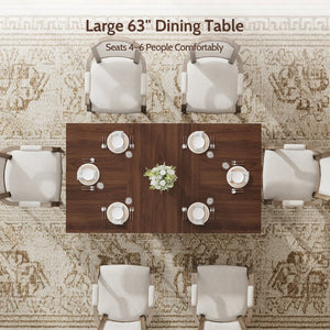 English Elm 63" Rectangular Matte Black Dining Table Pedestal Base with Shelves Seats Six White+Walnut T5618P448240