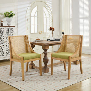English Elm Rattan Solid Wood Dining Chair with Linen Seat and Decorative Armrests, Rustic Natural Finish Olive Green W1143P335054