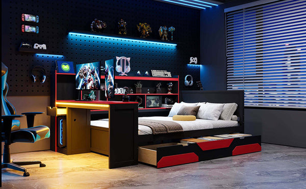 English Elm Full Size Gaming Bed Frame with Desk Led Lights Storage Drawers and Charging Station Black+Red LP000289AAJ