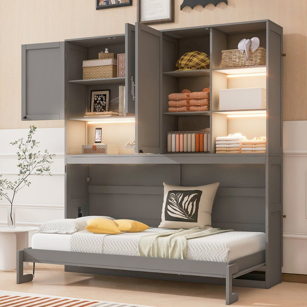 English Elm Twin Murphy Bed with Cabinet Shelves Built in Lighting Usb Ports Space Saving Wall Unit Gray LP000389AAE-1