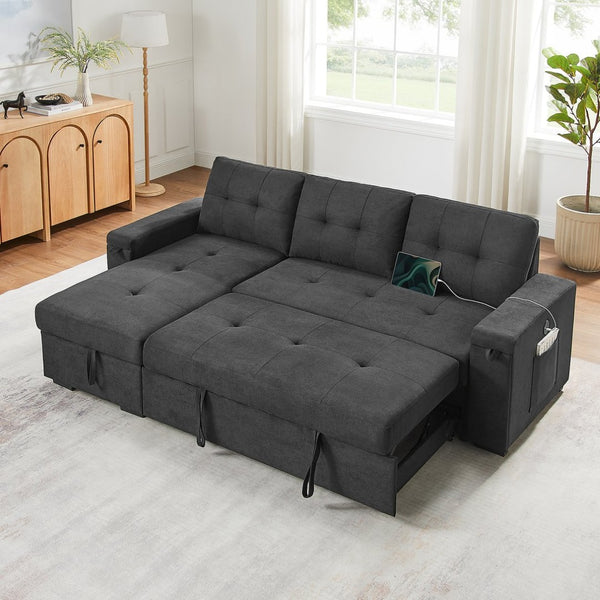 English Elm Toby Woven Fabric Sleeper Sectional with Storage Chaise Usb Ports and Coil Support Black B061S00955
