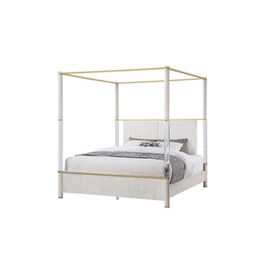 English Elm Malco Queen Oak Four Post Bed with Upholstered Headboard, Gold Accents, Low Profile Solid Wood Design B201S00423