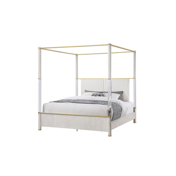 English Elm Malco Queen Oak Four Post Bed with Upholstered Headboard, Gold Accents, Low Profile Solid Wood Design B201S00423