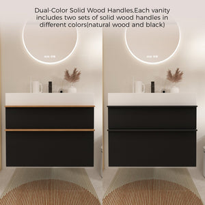 English Elm VELA 30 Inch Wall Mounted Bathroom Vanity with Integrated Acrylic Sink, Dual Wood Handles, Soft-Close Drawers, Matte Finish Black W3235P327617