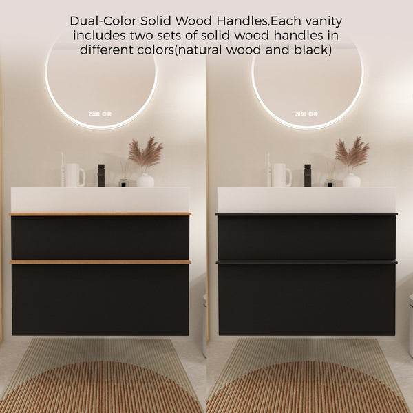 English Elm VELA 30 Inch Wall Mounted Bathroom Vanity with Integrated Acrylic Sink, Dual Wood Handles, Soft-Close Drawers, Matte Finish Black W3235P327617