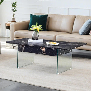 English Elm Multifunctional Lift Top Coffee Table with Tempered Glass Legs, Ergonomic Storage and Durable MDF Finish Black,Transparent W2920P226077