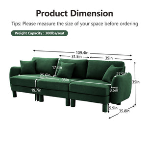 English Elm Boucle 3-Seater Plush Sofa With Elegant Shell Armrests And Wrapped Cylindrical Legs In Green W3041S00308