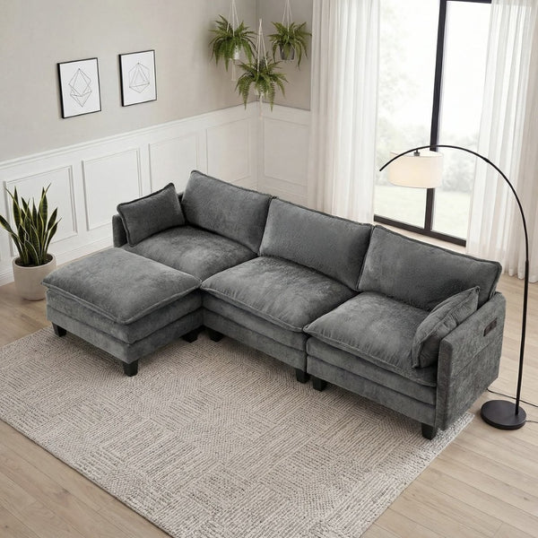 English Elm Modern Chenille Three Seat Sofa with Ottoman Usb Charging Ports and Storage Pockets Dark Grey W2519S00003