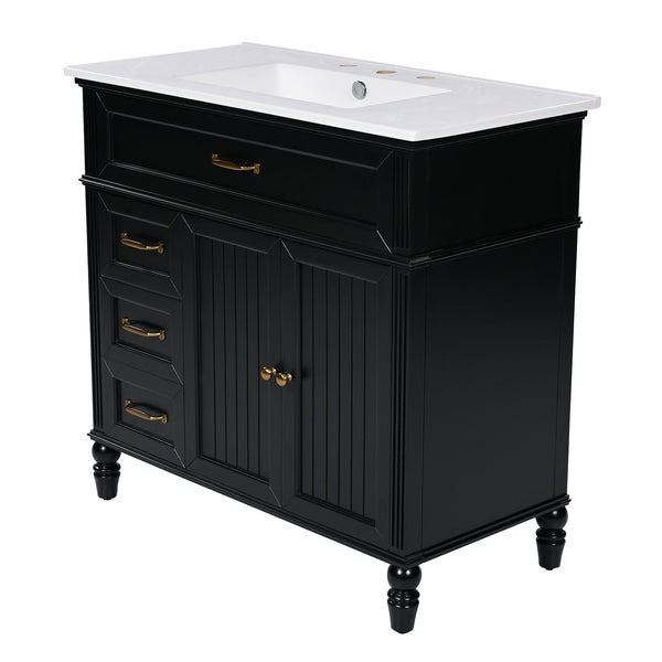 English Elm 36" Modern Bathroom Vanity with Ceramic Sink, Solid Wood + MDF Frame, Sleek Freestanding Design Black N725P195410B
