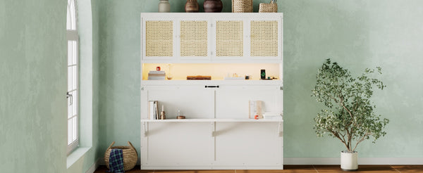 English Elm Twin Murphy Bed with Rattan Cabinet Doors Led Lighting and Usb Charging for Small Spaces White LP000740AAK