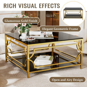 English Elm Square Glass Coffee Table 33.5" — Modern Tempered Glass Top with Gold Geometric Metal Frame & Shelf Black N735P326510B